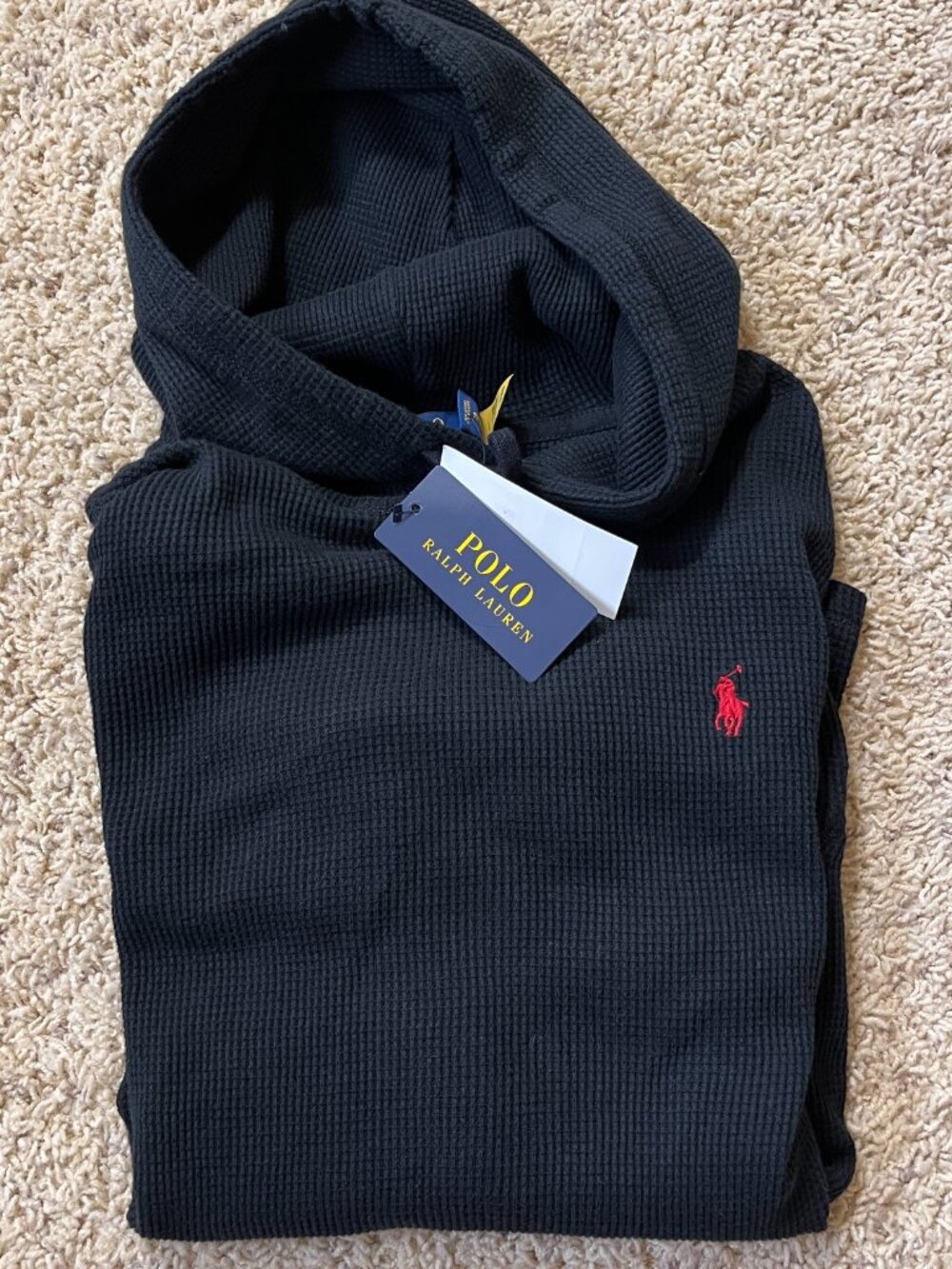 NWT Polo Ralph Lauren Mens Waffle Knit Thermal Pullover Hoodie Black Small